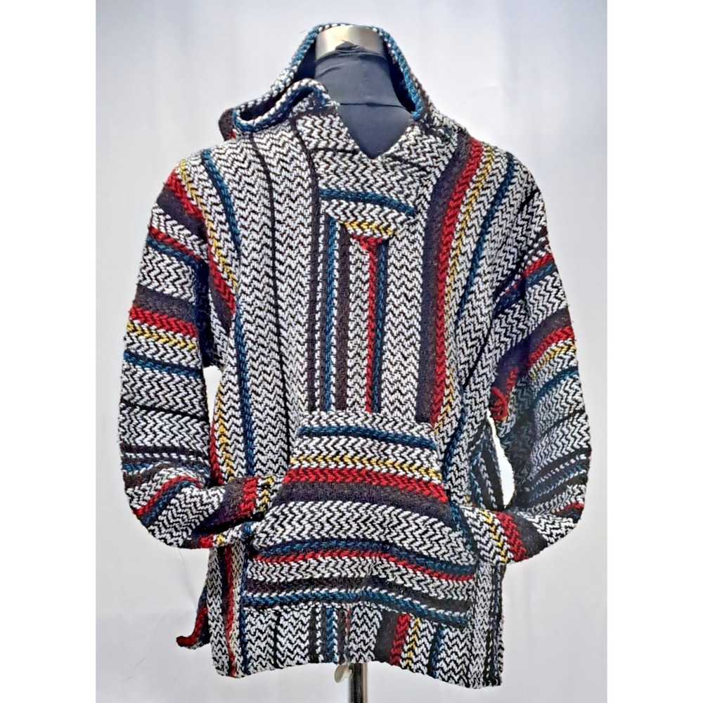 Baja‎ Joe Men Striped Woven Drug Rug Hoodie Mexican Poncho Multi Color Small